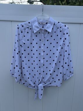 Alia Polka Dot Top Button Up Top 3/4 Sleeves Women's Petite L/XL Semi Sheer